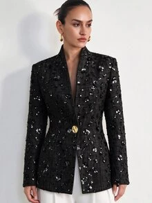 Aveloria Modichic 歐美時尚優雅法式極簡金屬扣純色無領女款西裝外套 辦公室穿搭 灰褐色 夏季 - 黑色 - 查看 5