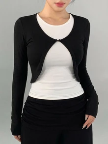 DAZY Women's Faux Two-Piece Patchwork Casual Daily Travel Sports T-Shirt - Black - View 5