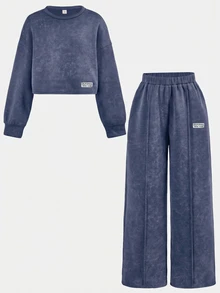 SHEIN Tween女孩加厚秋冬新款衛衣套裝，純色海軍藍拼接裝飾休閒百搭街頭風套裝，返校穿搭 - 藍色 - 查看 4
