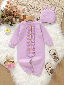 SHEIN 嬰兒/幼兒女童淺粉色可愛秋季休閒荷葉邊針織連身衣，附帽子西班牙風嬰兒女童連身衣 - 淡紫色 - 查看 8