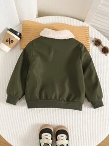 SHEIN 兒童小男孩休閒抓絨夾克，舒適簡約風，百搭柔軟面料，適合日常穿著、上學、外出與運動，秋冬款 - 綠色 - 查看 2