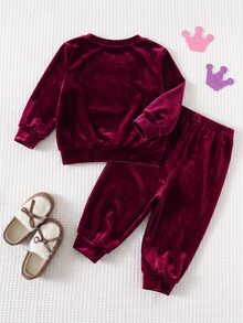 Cozy Pixies 女嬰字母皇冠刺繡天鵝絨圓領長袖套頭衛衣與鬆緊腰長褲 2件/套 幼兒女童服飾，舒適百搭時尚日常可愛休閒極簡百搭風，秋冬，適合室內 - 紅色 - 查看 2