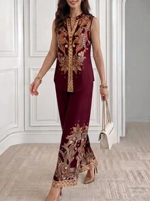 Medorina 女款花卉印花無袖鈕扣襯衫與寬腿褲兩件套，度假、夏季女裝、節慶穿搭、母親節、休閒 - 酒紅色 - 查看 4
