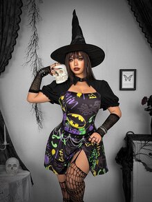 Whyspr BATMAN X SHEIN Plus Size Women's All-Over Print Fashion Party Dress Halloween - Multicolor - View 3