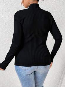 SHEIN CURVE+ Plus Size Black Ribbed Turtleneck Long Sleeve T-Shirt, Suitable For Autumn/Winter, Christmas, New Year - Black - View 2