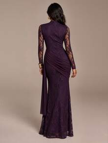 COSMINA Women's Long Sleeve Dress, Autumn/Winter Lace Patchwork Satin Pleated Asymmetric Design, Suitable For Party, Gathering, Dinner, Date, Birthday, Valentine's Day - Bold Plum - View 3
