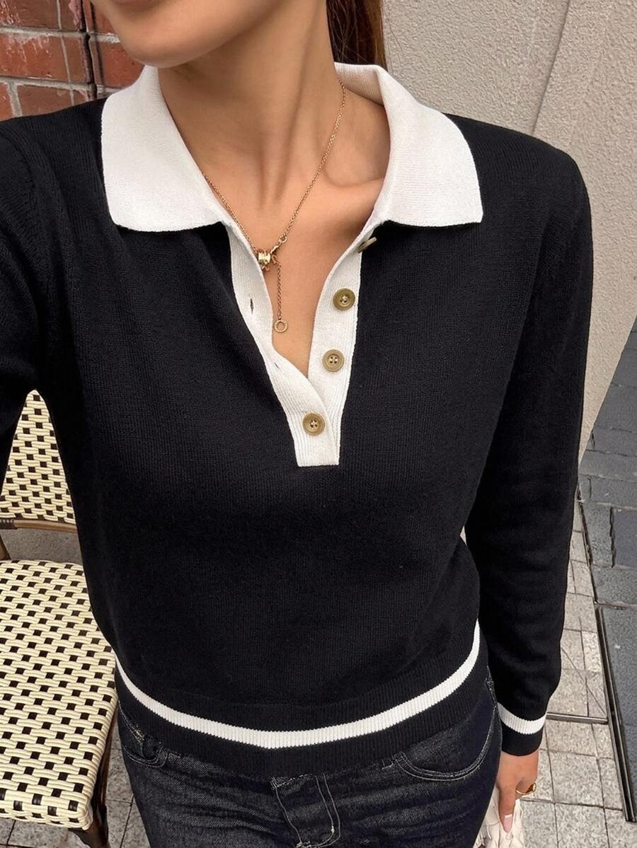 DAZY 女款拼色套頭毛衣,優雅 - 黑色 - 查看 1