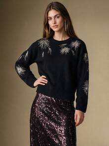 Briarwyn Fashionable Fireworks Embroidery Women's Crew Neck Long Sleeve Sweater - Black - View 5