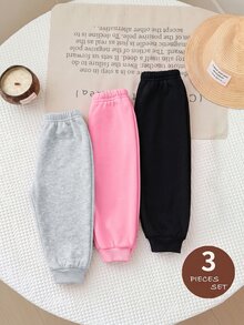 SHEIN 女嬰直筒錐腳加厚抓絨內裡運動長褲 3 件套，冬季百搭 - 彩色 - 查看 1