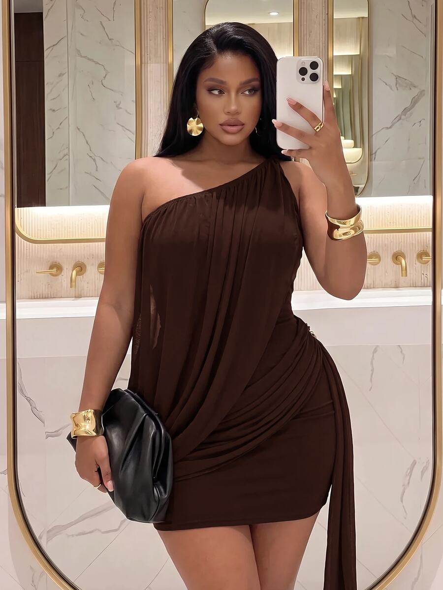 Slaydiva Sexy Street Date Party Women Slim Fit High Elastic Digital Print Mesh Ribbon Pleated Asymmetrical Shoulder Twisted Design Mini Dress Plus Size Dress - Burgundy - Rust Brown - View 1