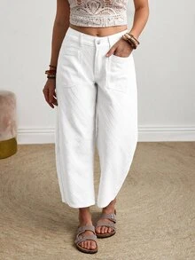 Breezaya Plus Size Textured Button Denim Cropped Curved Leg Pants - White - View 7