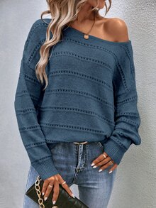 SHEIN LUNE Pointelle Knit Drop Shoulder Knit Pullover Fall Winter Sweater - Dusty Blue - View 5