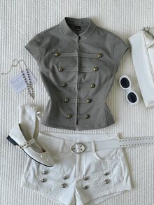 Comfortcana 女款夏季時尚雙排扣裝飾修身無袖背心上衣，卡其色休閒優雅1960年代復古老錢風，夏季外出上班上衣 - 灰色 - 查看 6