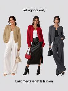 SHEIN BASICS 女款純色單排扣休閒百搭長袖開襟衫，適合日常外出、商務辦公、早午餐，米白色，秋季教師節 - 駝色 - 查看 10