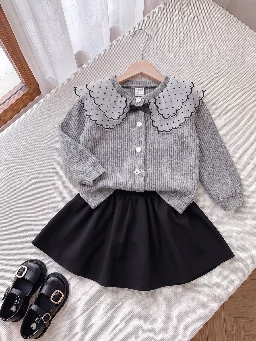 SHEIN Baby Girl Patchwork Polka Dot Peter Pan Collar Long Sleeve Single-Breasted Cardigan And Skirt Cute Set - Light Grey - View 1