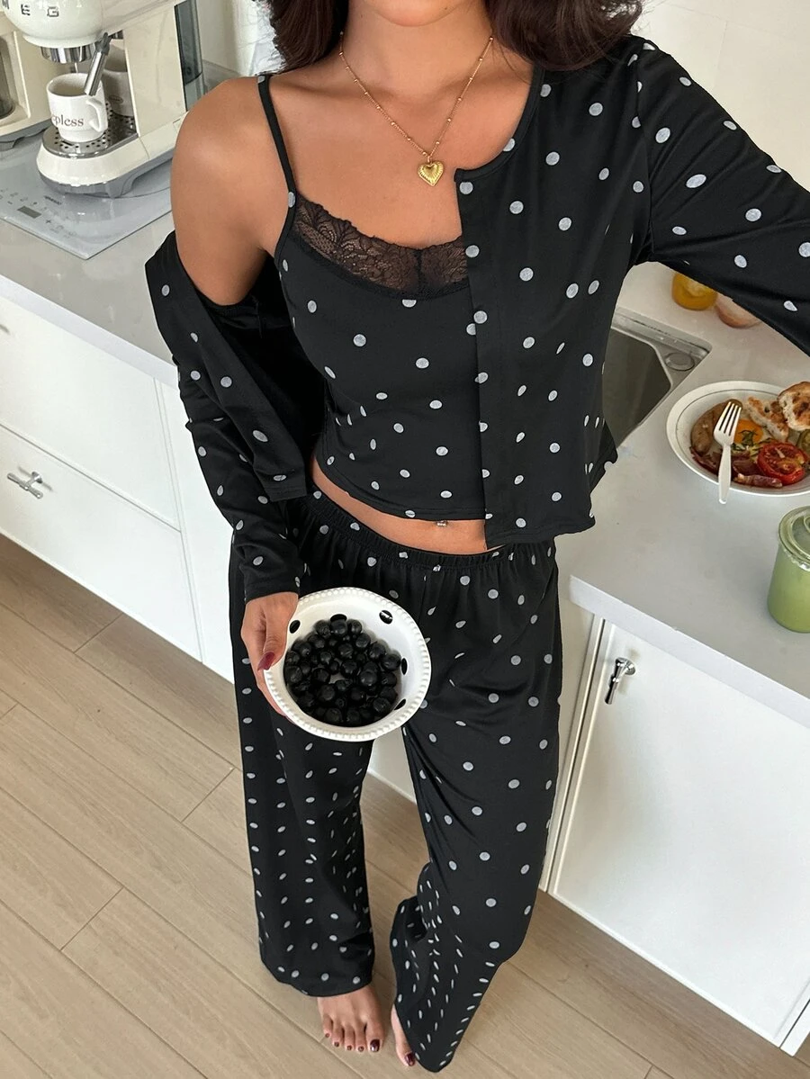 ZzzCrew 3pcs Polka Dot Lace Patchwork Women's Pajama Set, Sexy Camisole ...