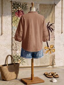 Rusticease Plus Size Autumn Vacation Solid Color Ruffle Collar Patchwork Water-Soluble Lace Front Button Lantern Sleeve Blouse White Elegant Boho Beach Fall - Mocha Brown - View 2