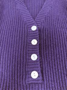 Ceyna Plus Size Women's Fashion New Purple V-Neck Long Sleeve Ribbed Knit Bodycon Mini Dress With Ruffle Hem, Casual Autumn/Winter - Purple - View 5