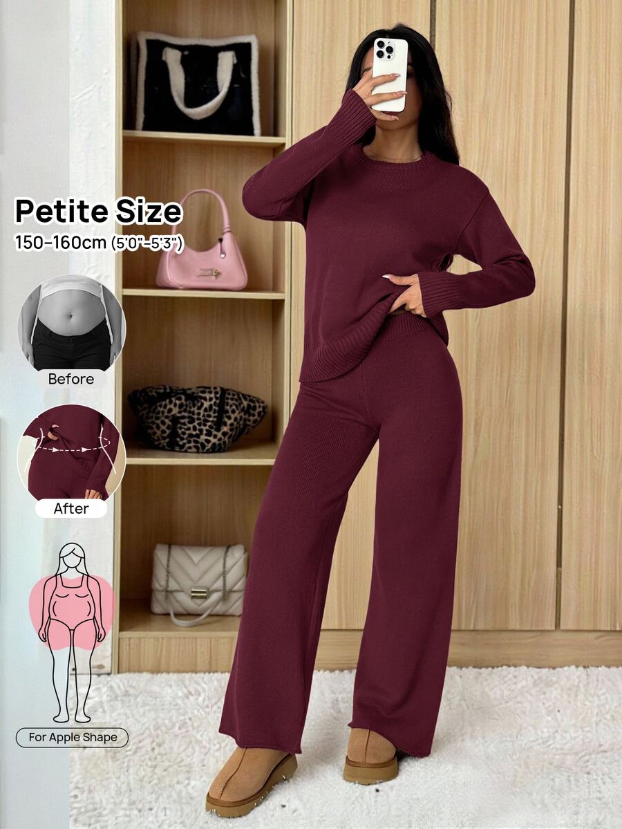 SHEIN PETITE 女款純色圓領長袖毛衣與長褲休閒套裝,標準版型,秋冬小個子居家室內度假咖啡棕 - 中紫紅色 - 查看 1