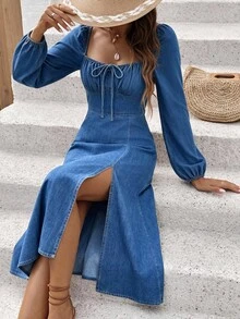 Serisse Women's Front Tie Long Sleeve Side Slit Hem Casual Denim Dress - Blue - View 5
