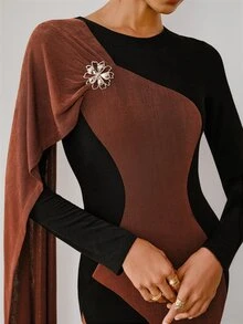 ZEYLAH Women's Colorblock 3D Floral Decor Elegant Patchwork Round Neck Cape Dress - Black - View 3