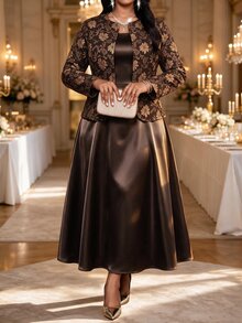 Fleurora Plus Size Women's Jacquard Open Front Jacket And Dress Elegant 2 Pieces Set Christmas - Coffee Brown - View 4