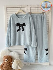 Teen Girls Double-Sided Plush Bow Applique Embroidered Long Sleeve Pants Set - Baby Blue - View 1