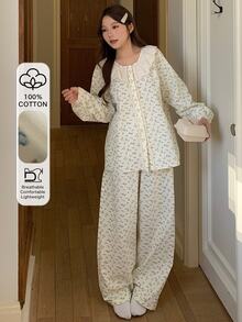 DAZY Women's Ditsy Floral Long Sleeve Single-Breasted Top And Pants Loungewear Set - Beige - View 1