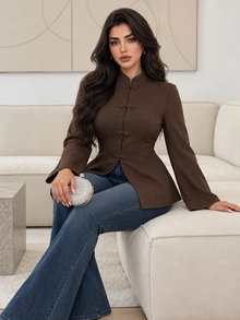 Solavon قميص نسائي مقاس كبير بلون موحد كاجوال متعدد الاستخدامات للاستخدام اليومي - قهوة بني - مشاهدة 7