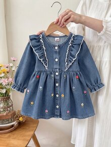 SHEIN 幼女牛仔洋裝 甜美公主風 藍色花卉刺繡 荷葉邊飾 長袖圓領 春秋度假芭蕾風 大姊妹款 前開扣 - 藍色 - 查看 3