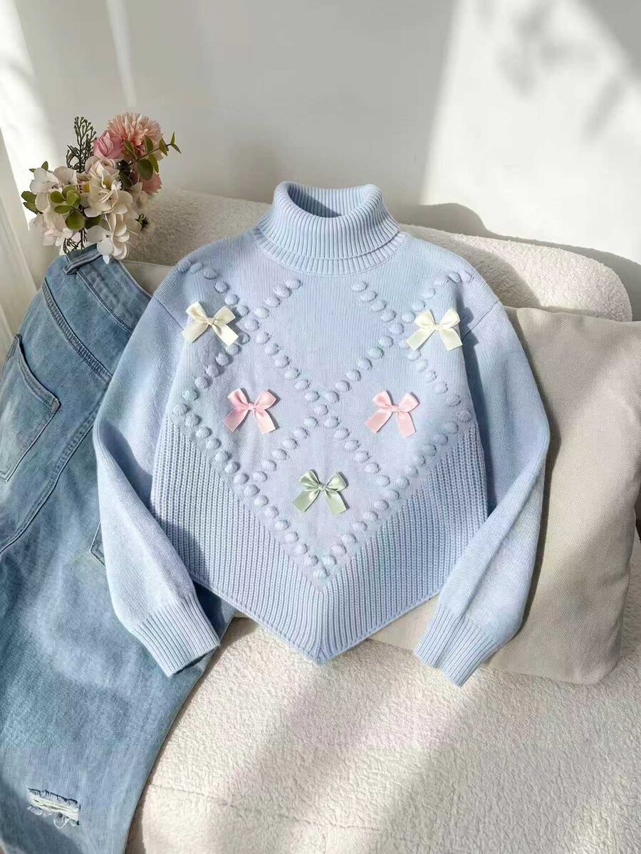 Sweater Lengan Panjang Motif Pita Jacquard Manis untuk Anak Perempuan Remaja - Biru - View 1