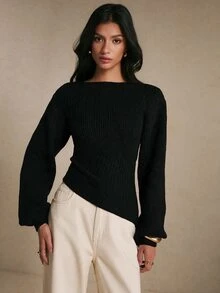 Poéselle Women's Elegant Ribbed Jacquard Asymmetrical Hem Warm Sweater, Fall Winter Knit Top For Work, Dating, Vacation, Party & Holiday Outfits - Black - View 7