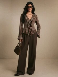 Poéselle Women's Plaid Ruffle Collar Flare Sleeve Blouse, Fall Concert Outfit, Casual Workwear, Halloween Street Style - Chocolate Brown - View 6
