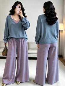 SHEIN LUNE CURVE 大尺碼女款針織純色T恤、條紋修身抽繩裝飾背心、優雅休閒通勤日常外出長褲3件套 秋季 - 霧霾藍 - 查看 1