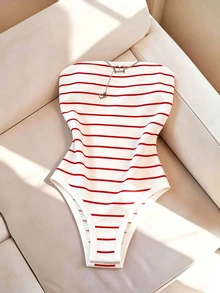SHEIN Franclia 時尚修身性感無肩帶條紋女款連身衣 - 紅色 - 查看 1
