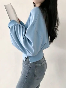 INAWLY 女款素色休閒百搭日常穿著長袖運動衫 - 藍色 - 查看 2