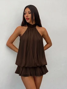 SHEIN PETITE 女款優雅淡黃色掛脖繫帶迷你洋裝，適合派對、約會，秋冬/春夏穿著 - 棕色 - 查看 8