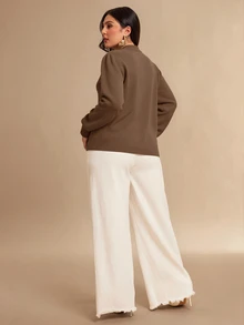 Juhart Plus Size Women Solid Color Asymmetric Cutout Design Long Sleeve Button Detail Pullover Sweater - Brown - View 2