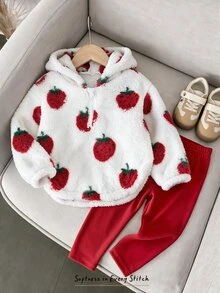 Cozy Pixies 2件組女嬰休閒日常舒適印花毛絨連帽套頭衛衣 秋冬彈性針織修身打底褲衛衣套裝 - 彩色 - 查看 10