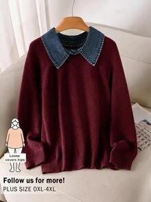 CosyJoli Áo len nữ size lớn phối màu cổ bẻ tay dài phong cách thường ngày cho mùa đông - Đỏ - Xem 1