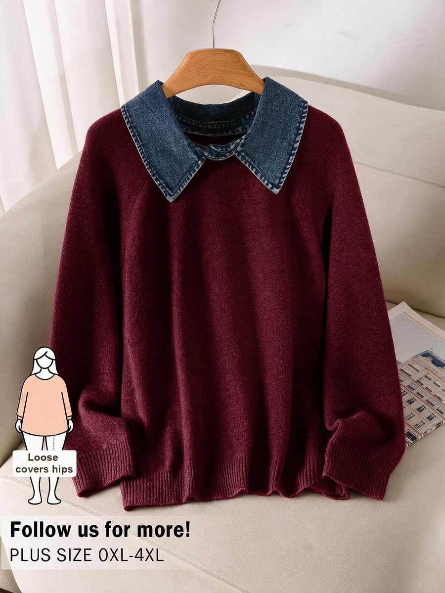 CosyJoli Áo len nữ size lớn phối màu cổ bẻ tay dài phong cách thường ngày cho mùa đông - Đỏ - Xem 1