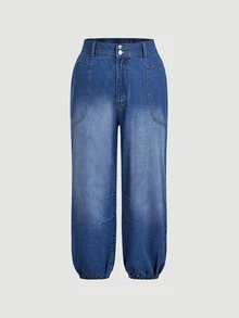 LUMIGAL Plus Size Women's Loose Casual Cropped Denim Jeans With Pockets And Cuffed Hem - Blue - View 3