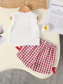 SHEIN Baby Girl Summer White Textured Sleeveless Top And Red Plaid Shorts Set, Decorated With Red Bow, Essential Daily Outfit - Red - View 2
