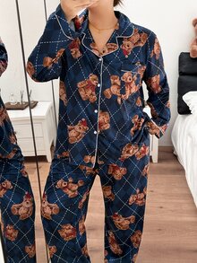 Napfluff CURVE Napfluff CURVE Plus Size Lapel Cardigan Plaid Teddy Bear Print Long Sleeve Long Pants Pajama Set - Multicolor - View 4
