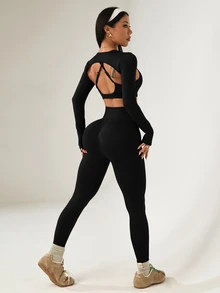 Dewbera Dewbera Women's Solid Color Long Sleeve Top + Camisole + High Waist Pants Sports Suit - Black - View 2
