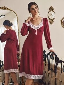 Côtesoire Women's Elegant Southern French Style Contrast Color Lace Long Sleeve Nightgown - Burgundy - View 1