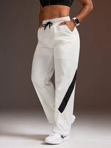 Powerista Women's Black & White Colorblock Woven Loose Wide Leg Long Pants - Black and White - View 4
