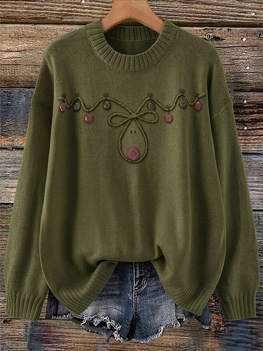 SHEIN LUNE 大尺碼聖誕復古馴鹿燈串針織上衣,卡其色,秋季,可愛,日常復古高端寬鬆慵懶休閒節慶馴鹿設計毛衣 - 綠色 - 查看 1