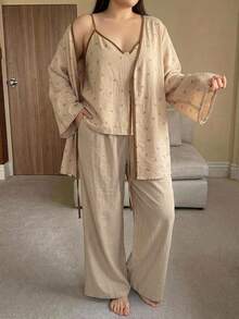 Dazy Plus 3pcs Colorblock Floral Camisole Cardigan Top & Long Pants Loungewear Set, Spring Summer Autumn Pajama Set - Khaki - View 3