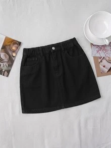 SHEIN 女童休閒百搭牛仔裙，附口袋 - 黑色 - 查看 5